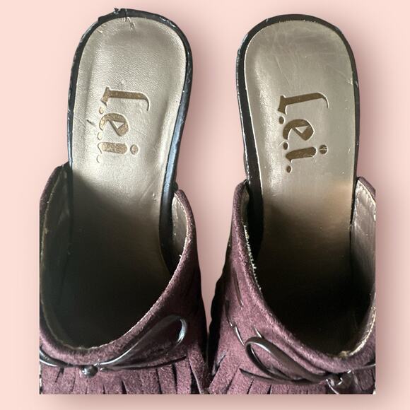 LEI Womens Brown Mule Clogs Platform Y2K 90s Suede Fringe Sz 7 Chunky Whimsygoth - Picture 5 of 6